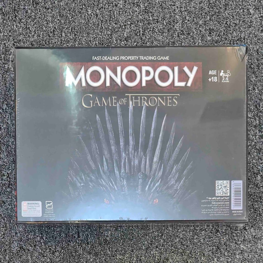 پشت جعبه بازی مونوپولی تاج و تخت شامل محتویات، قوانین و اجزای اختصاصی Game of Thrones